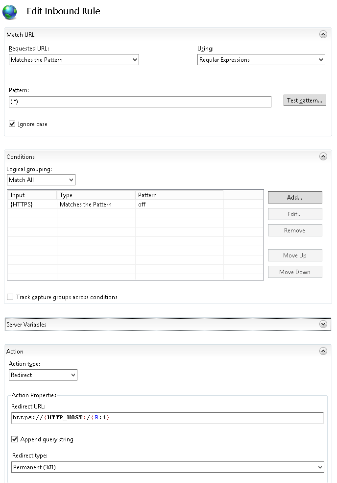 SSL Redirect Rule Settings