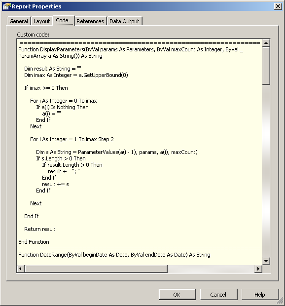 Report Properties dialog, Code tab