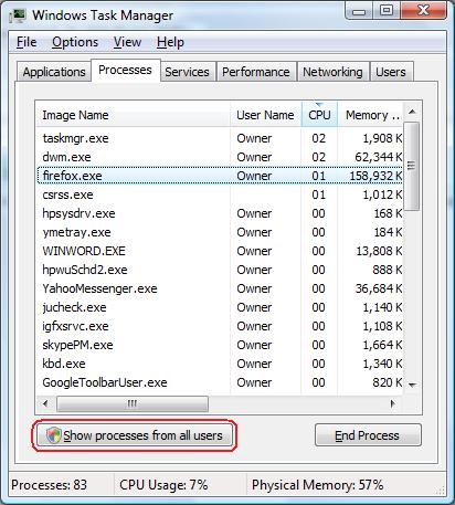 Task Manager, Processes Tab
