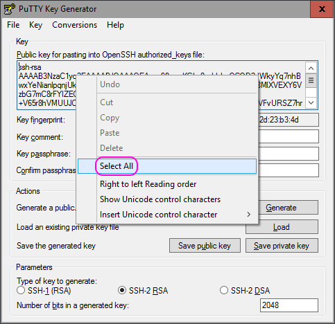 PuTTYgen - Public Key  Select All