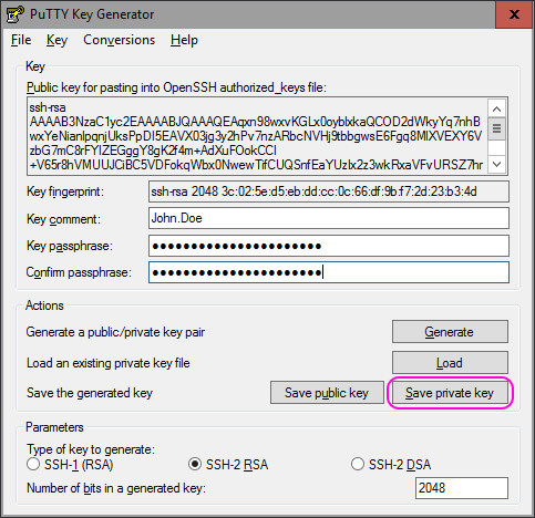 PuTTYgen - Save Private Key button