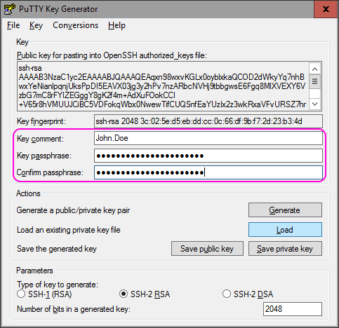 PuTTYgen - Key Comment and Key Passphrase Fields